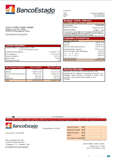 Download Chile Banco del Estado de Chile bank mortgage statement scr Photoshop template